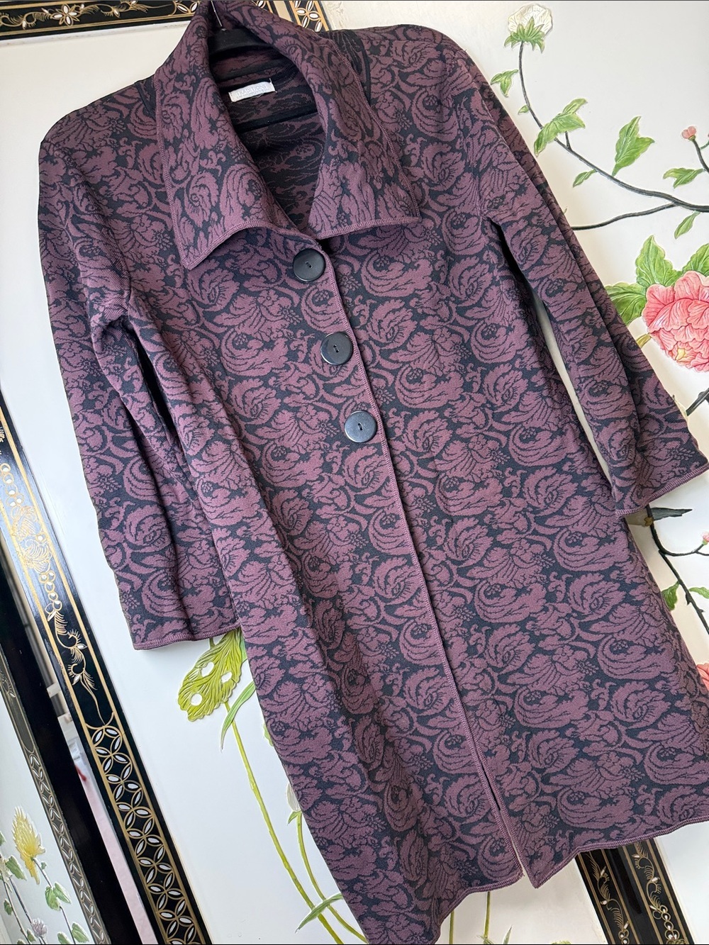 Plum Floral Jacquard Button-Front Trench Coat Vintage Goth oversized collar